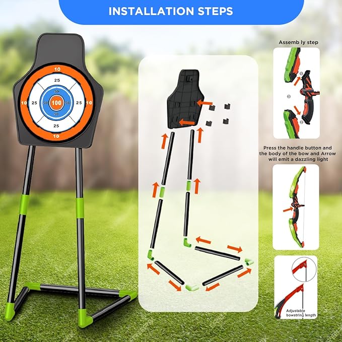 VATOS 2 Pack Bow and Arrow Toy for 5 6 7 8 9 10 11 Year Old Boys Girls, Light Up Archery Toy with Cup Suction Standing Target & 29 in Dart Board, Indoor Outdoor Activity Toys Birthday