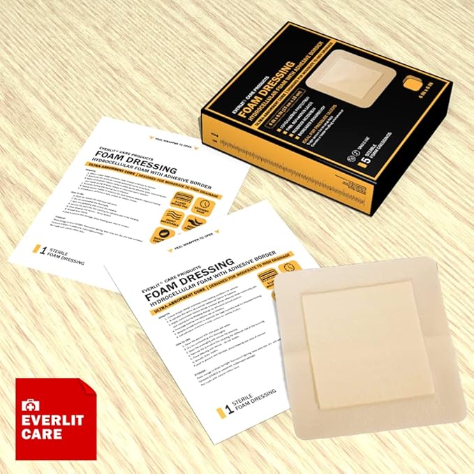 EVERLIT Care Silicone Foam Dressing with Adhesive Border | Highly Absorbent Hypoallergenic Bandages for Chronic Wounds, Bed Sores, Pressure Ulcers | Gentle & Secure Adhesion (6" x 6" | 5 Pack)