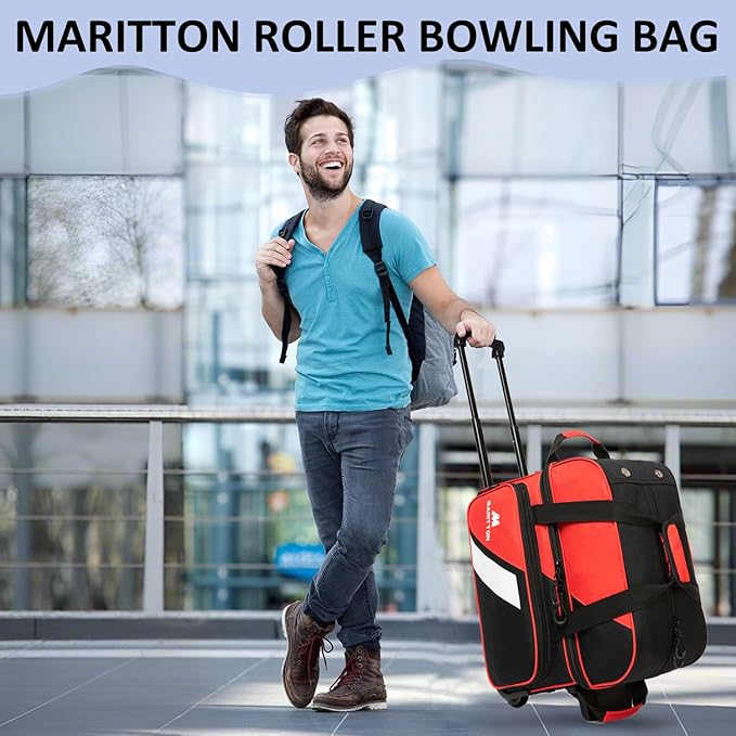 Bowling Bag with Wheels Double Roller 2 Ball Bowling Separate Shoe Compartment and Oversized Accessory Pocket, 36.6" Extendable Handle.