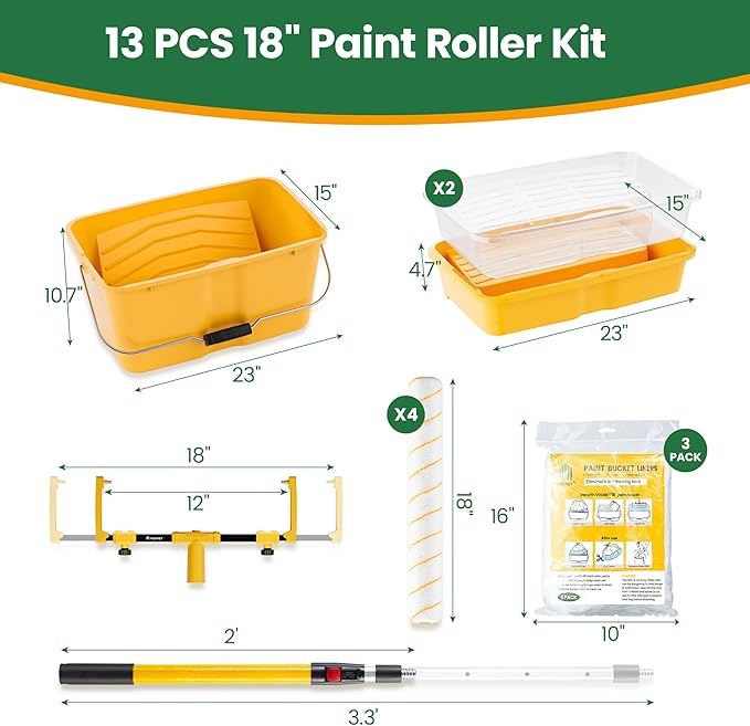 VOOMEY 13PC 18 Inch Paint Roller Kit,18"Paint Bucket and Paint Tray,Large Paint Roller Frame with 3.3 ft Extension Pole,Paint Tray Liner (Pack of 3),Ideal for Painting Large Areas