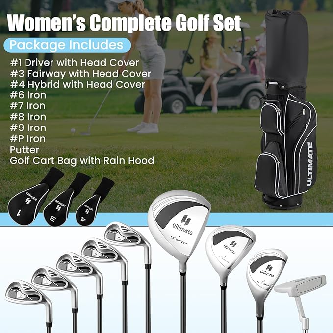 Tangkula 9/10/12 Pieces Women's Complete Golf Clubs Set, Golf Club Package Set with 460CC Driver, Fairway Wood & Hybrid, Irons, Putter, Portable Regular Golf Club Set