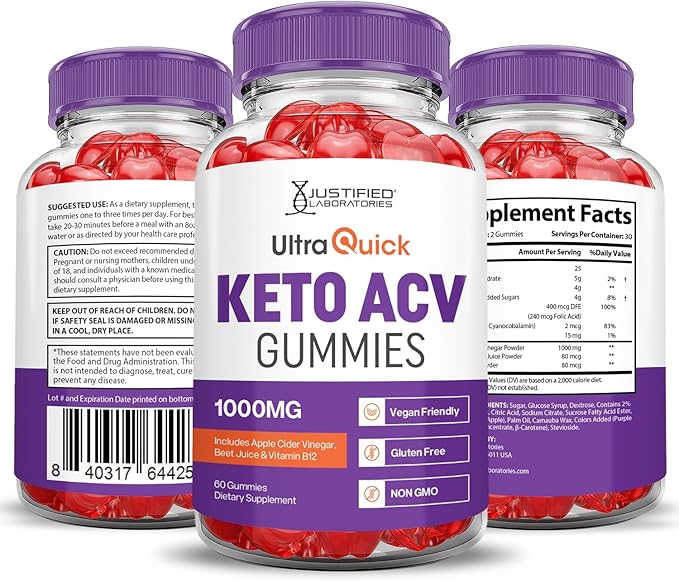 Justified Laboratories Ultra Quick Keto ACV Gummies Advanced Formula 1000MG Ultraquick Keto Gummies Apple Cider Vinegar Formulated with Pomegranate Beet Juice Powder B12 Vegan Non GMO 60 Gummys