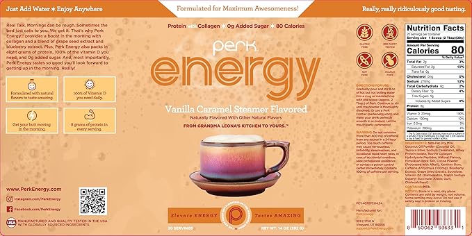 Perk Energy Original Vanilla Caramel Steamer Flavored Drink Powder (20 Servings) - Gluten-Free, Peanut-Free