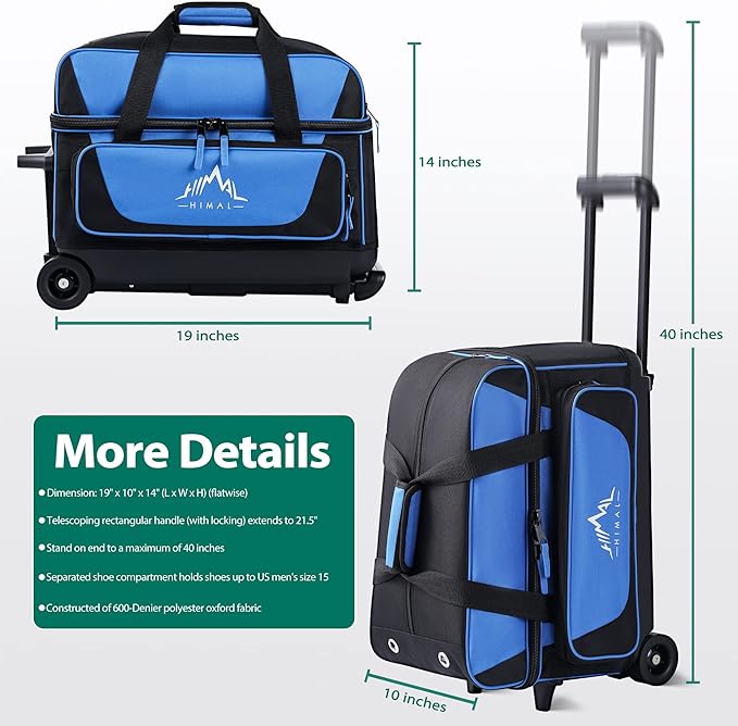 Double Roller 2 Ball Bowling Bag with Separate Shoe Compartment for Bowling Shoes (Up To US Mens Size 15) and Oversized Accessory Pocket, Retractable Handle - Extends to 40"