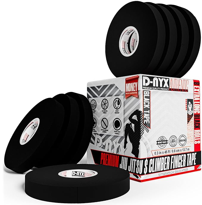 8 Pack Finger Tape Athletic Sports Wrap 0.3” x 45 Feet for Rock Climbing BJJ Jiu Jitsu MMA Grappling Martial Arts Volleyball Weight Training Wrestling Hand Tape Black