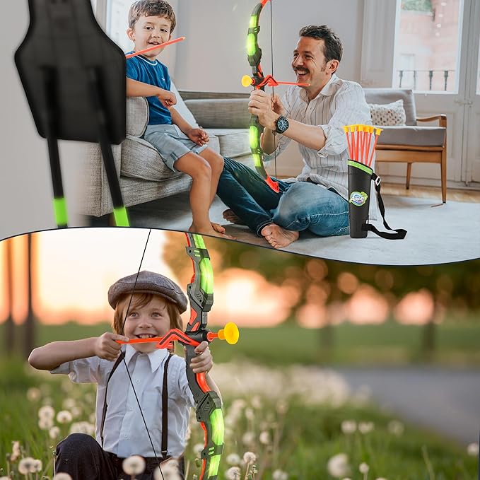 Archery Toy Set for Kids, LED Light Up Bow and Arrow Set with 10 Suction Cup Arrows, Standing Target & Quiver, Indoor Outdoor Games Stuff for Boys Girls Children Aged 3-12 Year Old