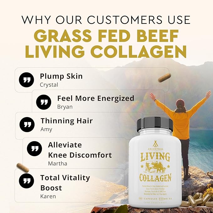 Ancestral Supplements Grass Fed Beef Living Collagen Nutritional Powder Supplement, 3000mg, Promotes Healthier, Younger Looking Skin, Hair, Nails and Joints, Type II, 180 Capsules