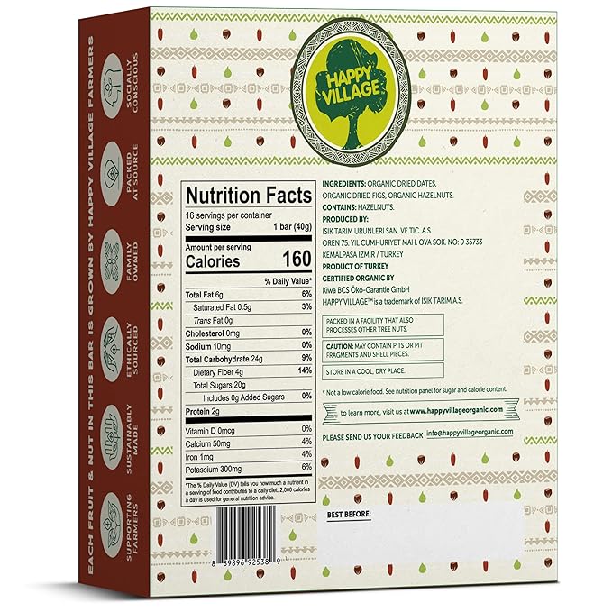 Happy Village Organic Fig & Nut Bars, DATE | Only 3 Ingredients, Gluten Free, No Added Sugar, Kosher, Non-GMO, Vegan, Good Source of Fiber | Organic Healthy Snack Bars (16 bars, 1.4 OZ each)