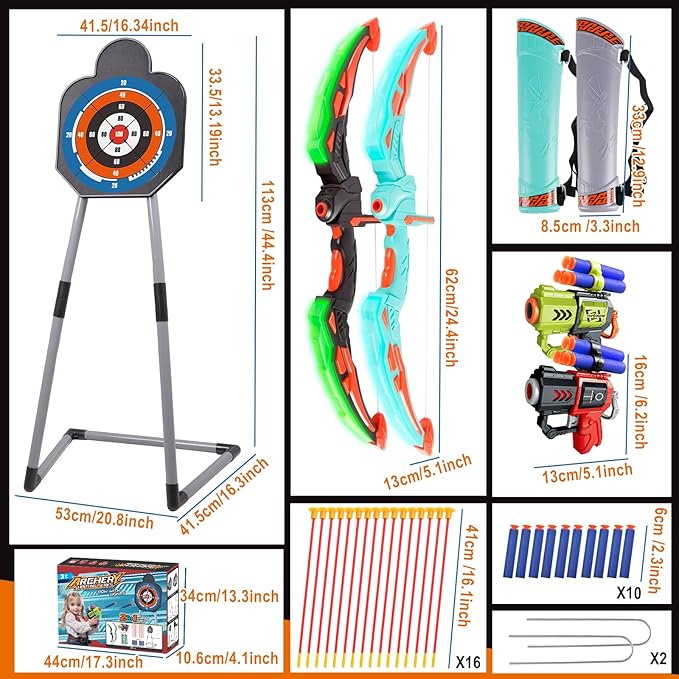 2 Pack Bow and Arrow for Kids Sports and Outdoor Play Toys Archery Set with LED Light Up 16 Arrows 1 Standing Target 2 Quiver Indoor Outdoors Toy for Age 4-12 Year Old Boy Girl Gift
