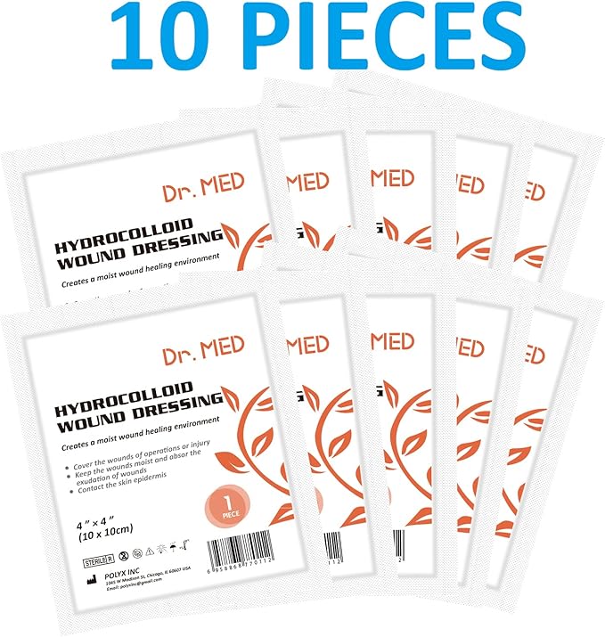 Dr. Med Hydrocolloid Wound Dressing 4"x4"-10 Pack/Box, Waterproof Adhesive Bordered Bandage, for Light Exudate, Abrasions, Pressure Ulcer, Bed Sore, Superficial Wound Care