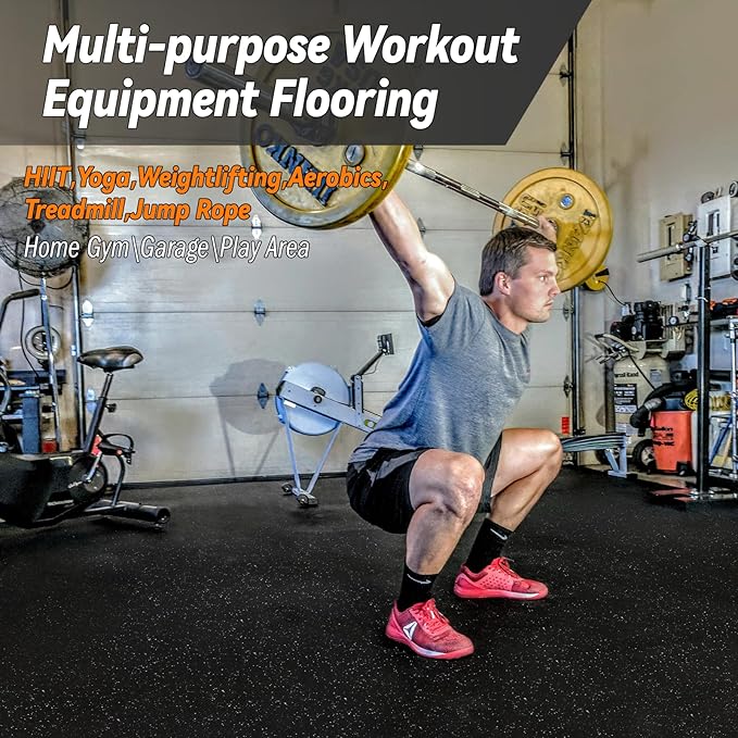 0.5" Thick Gym Flooring for Home Gym, RAINHOL 48 Sq Ft 12 Tiles EVA Foam with Rubber Top Exercise Equipment Mat, Interlocking Puzzle Workout Floor Mats for Garage, 24x24 inch