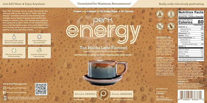 Perk Energy Original Tan Mocha Latte Flavored Drink Powder (20 Servings) - Gluten-Free, Peanut-Free, Soy-Free