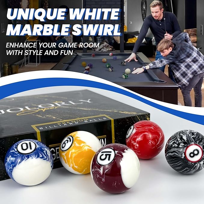 Pool Balls Billiard Set – 2-1/4" Regulation Size, 6 oz Professional Weight, AAA Grade Pure Resin, White Marble Swirl Pool Table Balls for Tournament, Bar, Game Room & Gifts