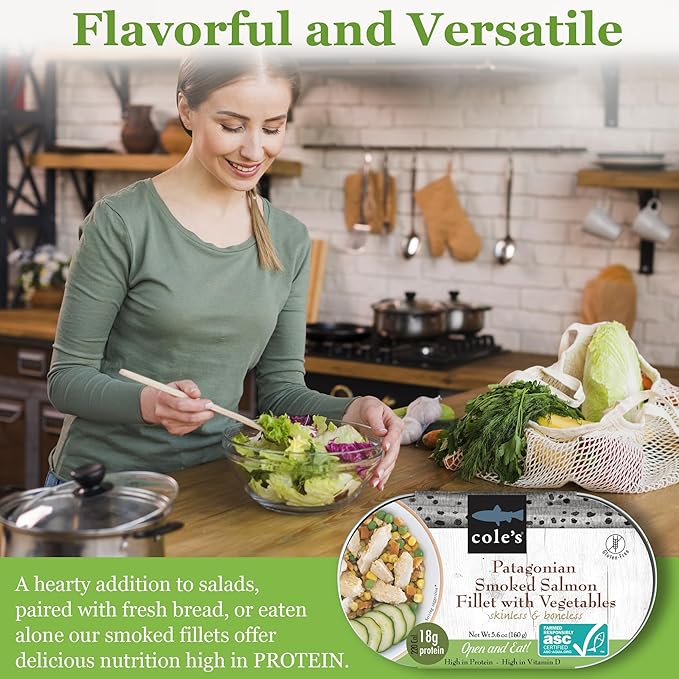 COLE’S - Patagonian Smoked Salmon Fillet with Vegetables| Ready to Eat Meal | 5.6 oz Canned & Hand-Packed | 19g Protein | High in Vitamin D | 24 pack