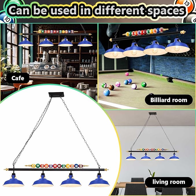 Adjustable 4 Light Pool Table Lights for 7'-8' Billiard Light Hanging Pool Table Fixture Lighting Pendant Lamp with Metal Shades for Game Rooms (Bulb Not Included)(Blue)