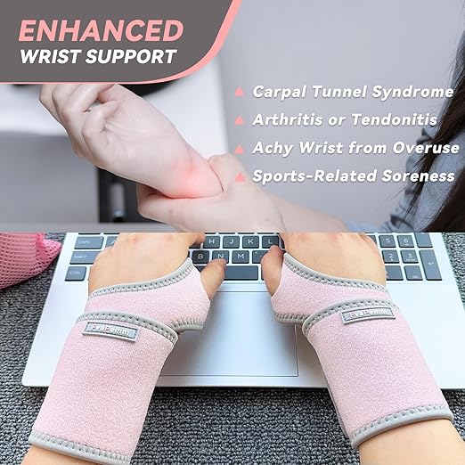 Carpal Tunnel Wrist Brace for Right Left Hand 2 Pairs, Wrist Support Wraps for Women Men, Adjustable Wrist Brace for Tendonitis, Arthritis, Weightlifting, Sports, Day Night Support, Pink&Black