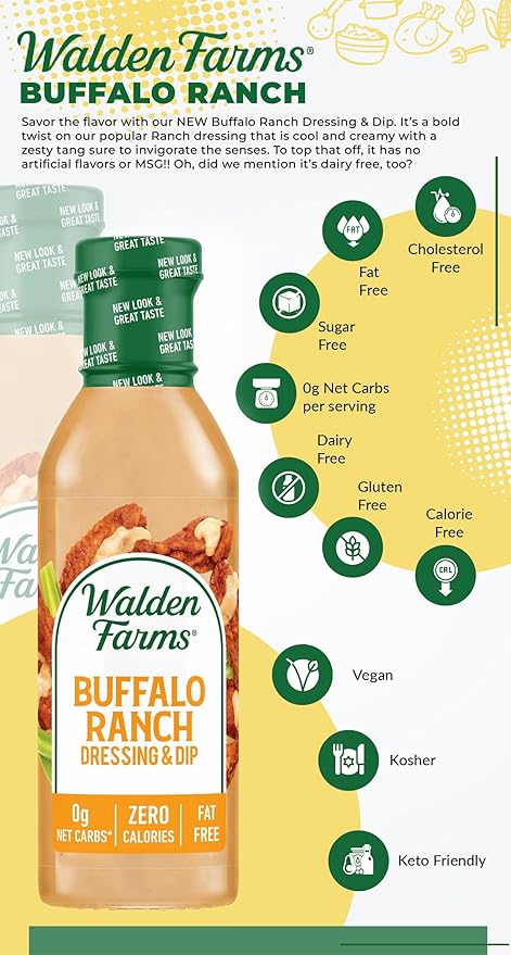 Walden Farms Buffalo Ranch Dressing & Dip – Calorie-Free, Gluten-Free, Low Carb, Keto-Friendly, Sugar-Free, Fat-Free, Dairy-Free Spicy Buffalo Ranch Flavor – 6-Pack, 12 oz Bottles