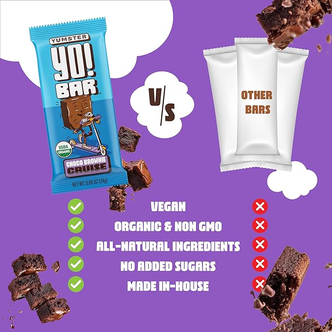 Yo! Bar by Bearded Brothers Vegan Organic Kids Bar, Chocolate (25 Bars) - Gluten Free, Paleo and Whole 30 | Soy Free, Non-GMO, Low Glycemic, No Sugar Added, Fiber + Whole Foods