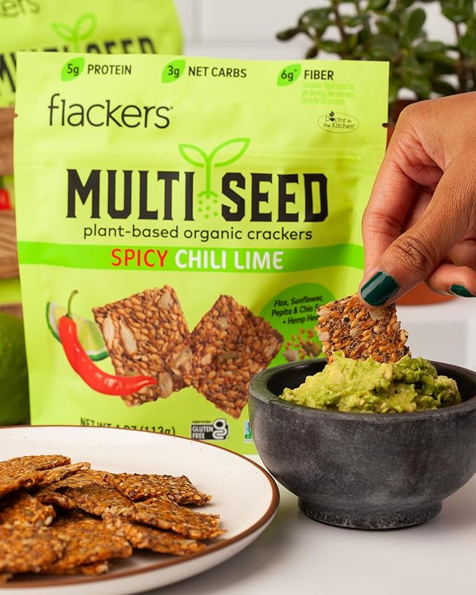 Flackers Organic Spicy Chili Lime Multi-Seed Crackers, 4 Ounce 6-Pack, Gluten Free, Non GMO, Vegan, Keto Snack, 5g Protein, 6g Fiber, 3g Net Carbs