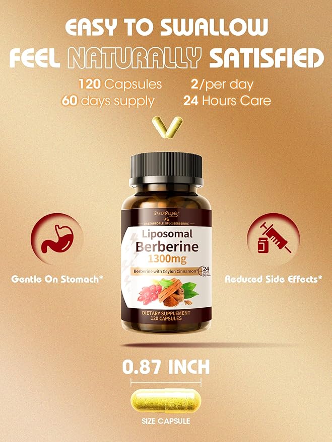 Liposomal Berberine HCL1300mg - Berberine Supplement with Ceylon Cinnamon Activates GLP-1 & AMPK - High Absorption Formula Healthy Weight Support – Non-GMO/Vegan – 60-Day