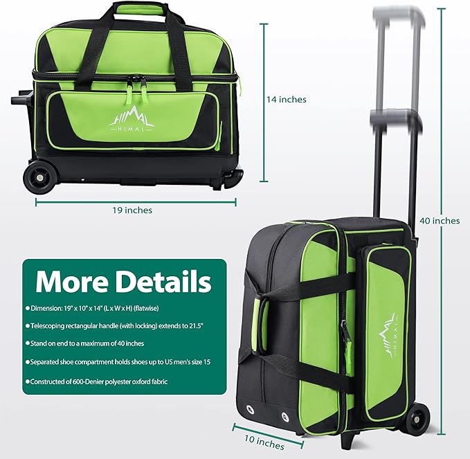 Double Roller 2 Ball Bowling Bag with Separate Shoe Compartment for Bowling Shoes (Up To US Mens Size 15) and Oversized Accessory Pocket, Retractable Handle - Extends to 40"