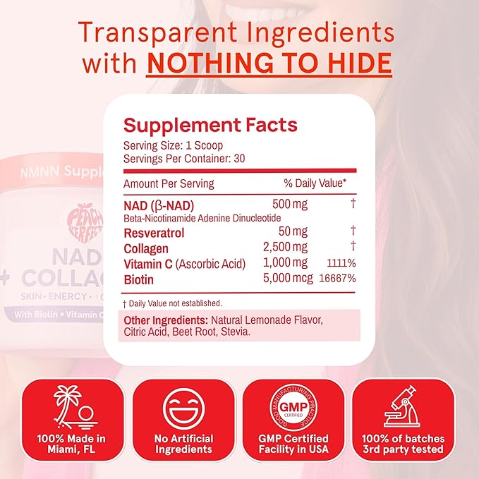 NAD Supplements for Women – Liposomal NAD+ Collagen Powder, 500mg NAD, Resveratrol, Vitamin C & Biotin – NMNH Alternative for Healthy Aging & Energy, Hair Skin & Nails – Pink Lemonade Mix, 30 SVG
