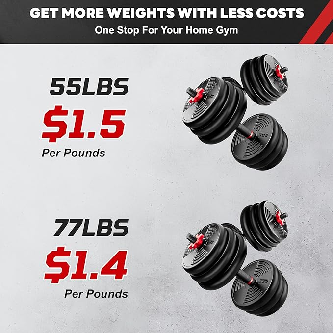 Adjustable Dumbbells, 55/77LBS Free Weight Set, 4 in 1 Dumbbell Set Used as Barbell, Kellebell, Push Up Stand, Fitness Exercise for Home Gym Suitable Men/Women