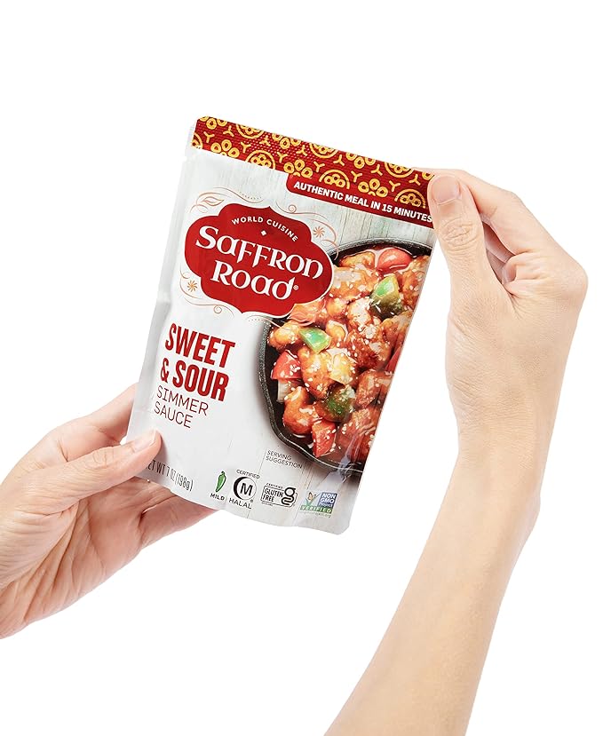 Saffron Road Sweet and Sour Simmer Sauce | Globally Inspired Simmer Sauce | Gluten-free, Vegan, Non-GMO, and Certified Halal and Kosher | 7.0oz Pouch | Pack of 8