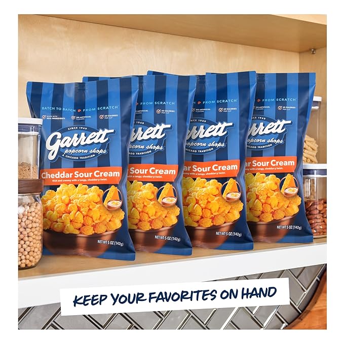 Garrett Popcorn Cheddar Sour Cream, 5.0oz, 4 Bags, Cheesy Popcorn, Gluten Free, Savory Snack, Popped Pop Corn Bags