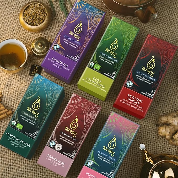 Tรฉrapy Ceylon Organic MORINGA TEA | USDA Organic Herbal Tea Bags| Helps with Vitality & Antioxidants | 100% Natural Ayurvedic Ingredients | 20 Individually Wrapped Tea Bags