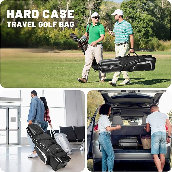 Hard Case Golf Travel Bags for Airlines with Oversize Tank Wheels, 2100D Oxford Fabric Soft Golf Club Carry Bags, Hard Cse Top Protect Club Travel Cover, Foldable for Easy to Maneuver