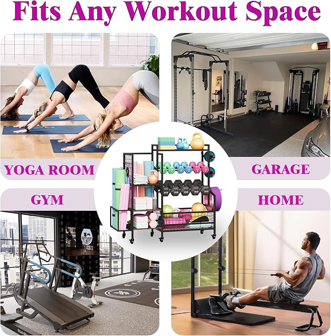 Dumbbell Rack – Adjustable Weight Storage Stand with Hooks for Home Gym, Kettlebells, Yoga Mat and Workout Equipment Heavy Duty Weight Rack with Wheels