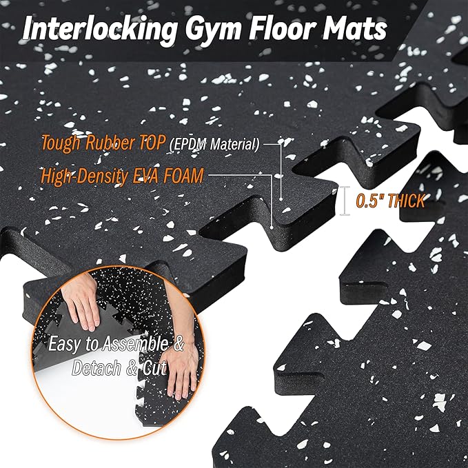 0.5" Thick 24 Sq Ft Gym Floor Exercise Mat, RAINHOL 6 PCS EVA Foam Rubber Flooring for Home Gym, Interlocking Puzzle Protective Tiles Workout Floor Equipment Mats for Garage, 24x24 inch