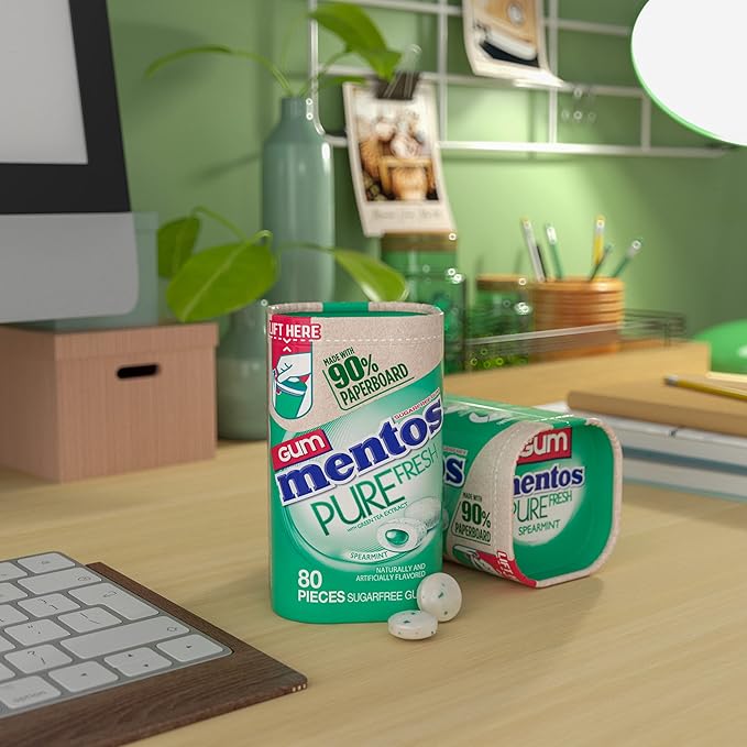 Mentos Pure Fresh Sugar-Free Chewing Gum with Xylitol, Spearmint, in a recyclable 90% Paperboard Bottle, 80 Piece, Pack of 4 Bottles