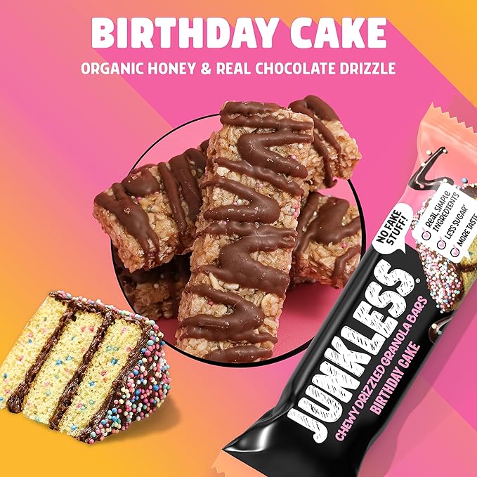 JUNKLESS Chewy Granola Bars Twin Pack – Chocolate Chip & Drizzled Birthday Cake (12 Bars)–Less Sugar, Non-GMO, Gluten-Free, Wholesome Snack Bars for Kids & Adults, 2 Boxes