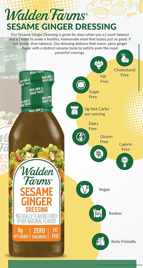Walden Farms Sesame Ginger Dressing – Calorie-Free, Gluten-Free, Low Carb, Keto-Friendly, Sugar-Free, Fat-Free, Dairy-Free Savory Sesame Ginger Flavor – 12 oz Bottle