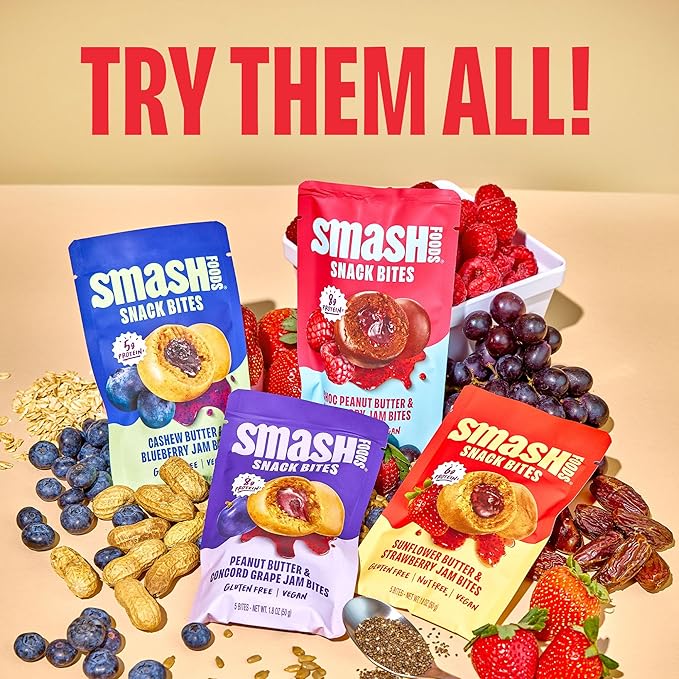 Smash Foods Raspberry Energy Bites | 5 Gluten-Free Vegan Snack Balls with No Sugar Added | 8g Protein, Superfood Jam, Chia Seeds | On-the-Go Convenience | Chocolate Peanut Butter & Raspberry | 8 Packs