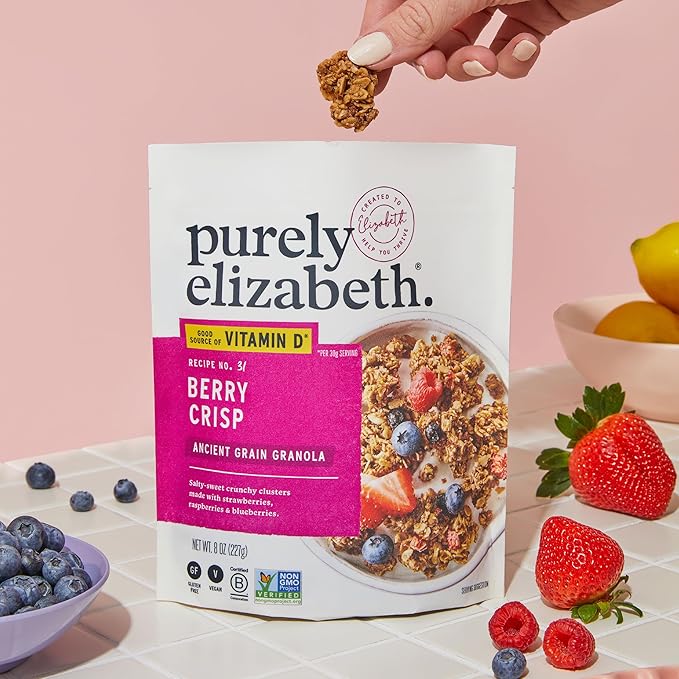 Purely Elizabeth Berry Crisp Granola wit Vitamin D, Made with Organic Oats and Ancient Grains, Gluten-Free, Non-GMO (3 Ct, 8oz Bags)