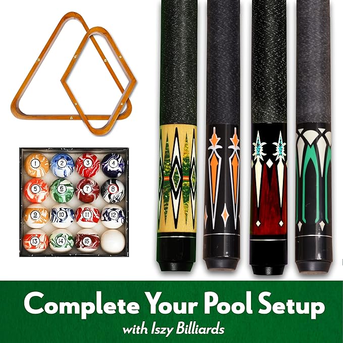 Iszy Billiards Pool Cue Rack - Billiard Pool Stick and Ball Holder Only - 100% Wood Wall Mount Holds 6 Cues and 16 Balls - Pool Table Accessories, Oak
