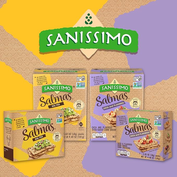 Sanissimo Salmas Salted, 40 packs of 3 Crackers, Oven Baked Corn Crackers, Gluten Free, Non GMO, Kosher Certified