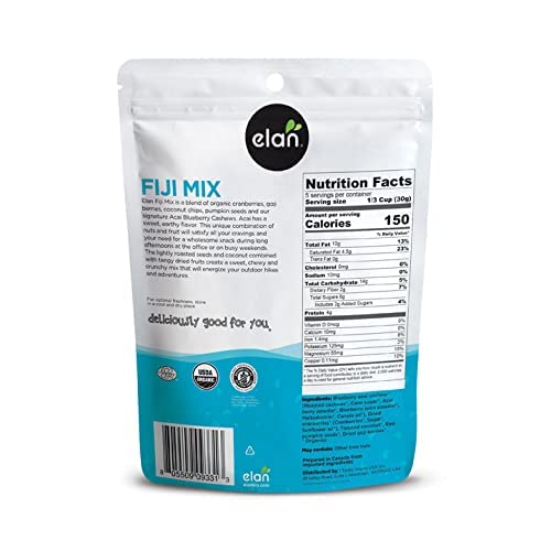 Elan Organic Fiji Mix, Non-GMO, Gluten-Free, Vegan, Kosher, Dried Fruits (Dried Goji Berries, Dried Cranberries), Superfood Infused Nuts (Blueberry Acai Cashews), Pumpkin Seeds, 8 pack of 4.8 oz