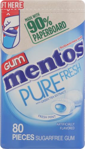 Mentos Pure Fresh Sugar-Free Chewing Gum with Xylitol, Fresh Mint, in a recyclable 90% Paperboard Bottle, 80 Piece (Pack of 4)