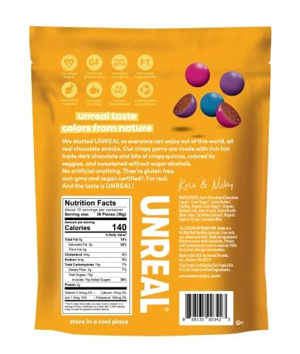 UNREAL Dark Chocolate Quinoa Gems (3 Value Size Bags) | Vegan, Colors from Nature | Fair Trade, Non-GMO | Gluten Free, No Sugar Alcohols or Soy | 11oz each