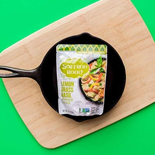 Saffron Road Simmer Sauce Variety Pack | Lemongrass Basil, Coconut Curry, Pad Thai, Sweet & Sour, and Tikka Masala | Vegetarian, Non-GMO, Halal, and Kosher | 7.0oz Pouch | Pack of 5