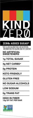 KIND ZERO Added Sugar Bars, Peanut Butter Dark Chocolate, Keto Friendly Snacks, Gluten Free, 5g Protein, 5 Count
