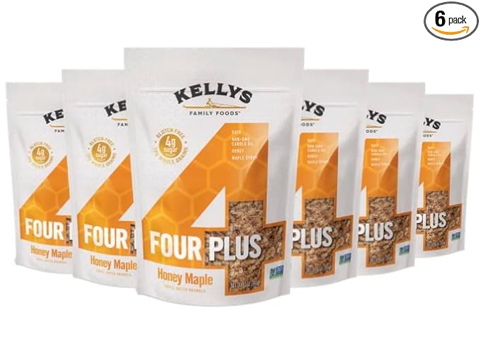 Kelly's Four Plus Granola (Honey Maple) Healthy Granola Cereal with Whole Grain Oats, Honey, Maple Syrup - Non-GMO, Low Sugar, Sodium Free and Gluten Free for Yogurt - 12oz - Pack of 6