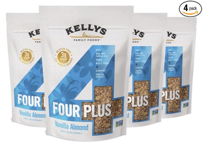 Kelly's Four Plus (Vanilla Almond) Granola Cereal with Whole Grain Oats, Honey, Maple Syrup - Non-GMO, Low Sugar, Sodium Free and Gluten Free Granola for Yogurt - 12oz (Pack of 4)
