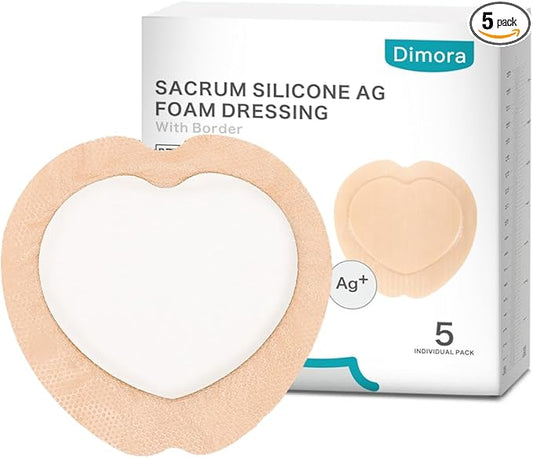 Dimora Ag Silver Sacrum Foam Wound Dressing Bandages Silicone Adhesive Border 7"x7" Waterproof Sacral Pads Absorbent Breathable Bed Sore Pressure Dressing