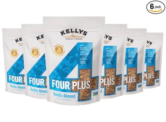 Kelly's Four Plus (Vanilla Almond) Granola Cereal with Whole Grain Oats, Honey, Maple Syrup - Non-GMO, Low Sugar, Sodium Free and Gluten Free Granola for Yogurt - 12oz - Pack of 6