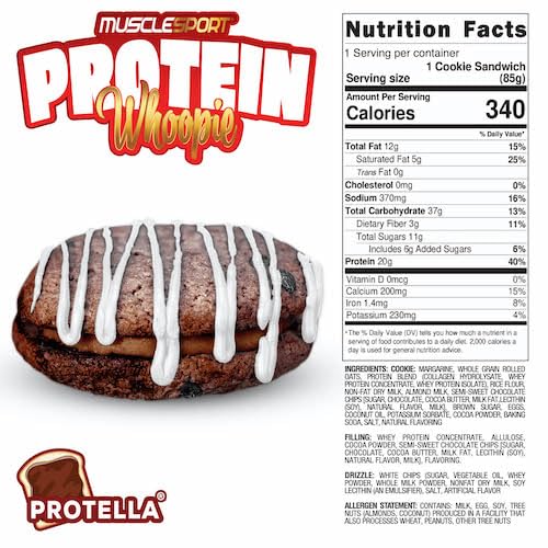 Musclesport Protein Whoopies - High Protein Whoopie Pie Style Cookies with Protein from Whey and Collagen, Good Source of Fiber (6 Pack Box, Protella)